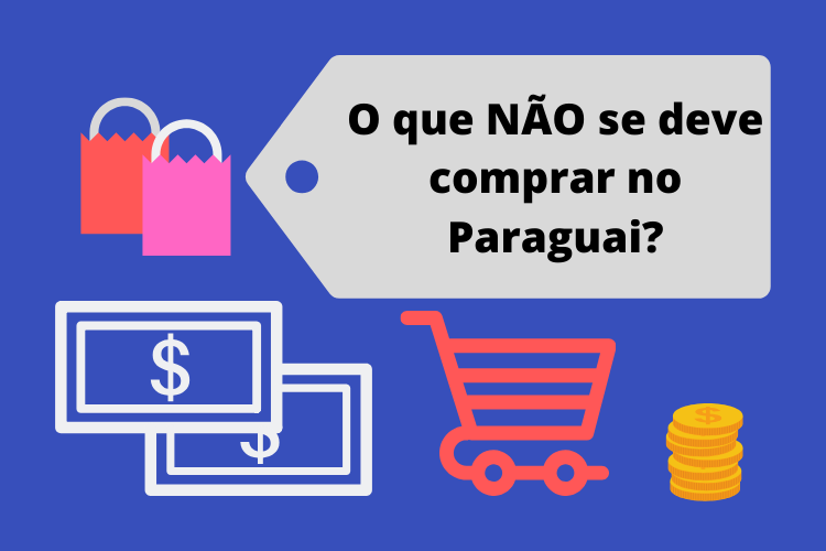 DICAS DE COMPRAS: O que vale a pena comprar no Paraguai? Imagem ilustrando moedas, carrinhos de mercado, notas de dinheiro e o subtitulo em questão.
