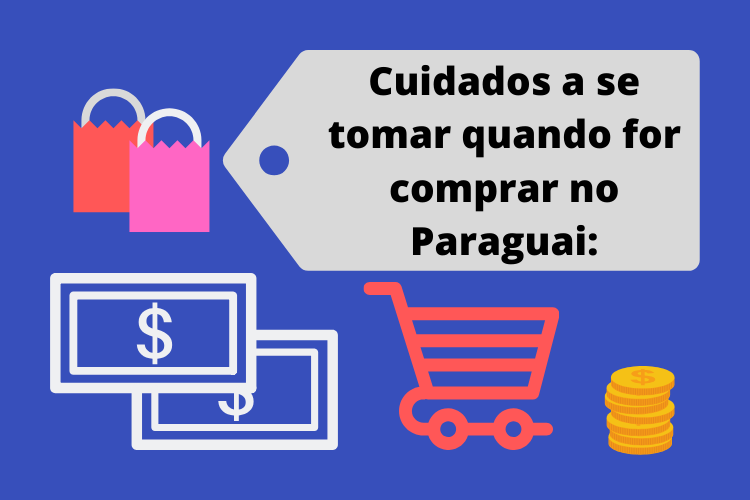DICAS DE COMPRAS: O que vale a pena comprar no Paraguai? Imagem ilustrando moedas, carrinhos de mercado, notas de dinheiro e o subtitulo em questão.