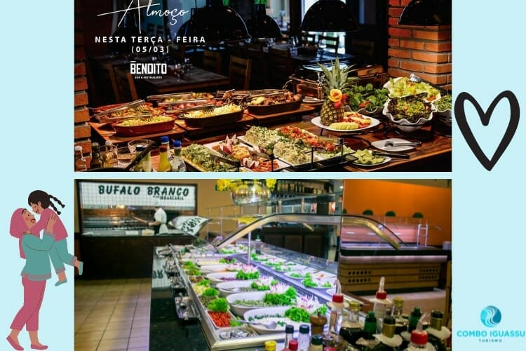 Deliciosas opções nos buffets do restaurante Bendito e Bufalo Branco.