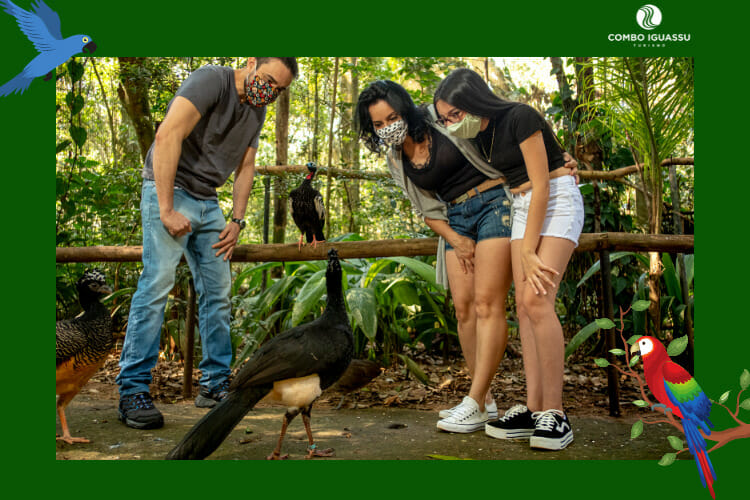 Família encantada com os animais presentes no Parque das Aves Foz do Iguaçu.