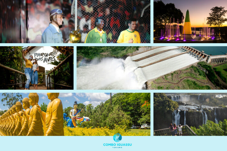 Vários de um dos passeios em Foz do Iguaçu mais procurados pelos visitantes. O museu de cera, marco das 3 fronteiras, parque das aves, usina itaipu, templo budista e cataratas do Iguaçu.