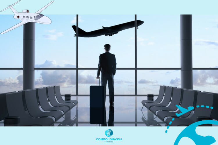 Imagem ilustrando um aeroporto, como se fosse o aeroporto de Foz do Iguaçu.
Homem olhando a vista.
