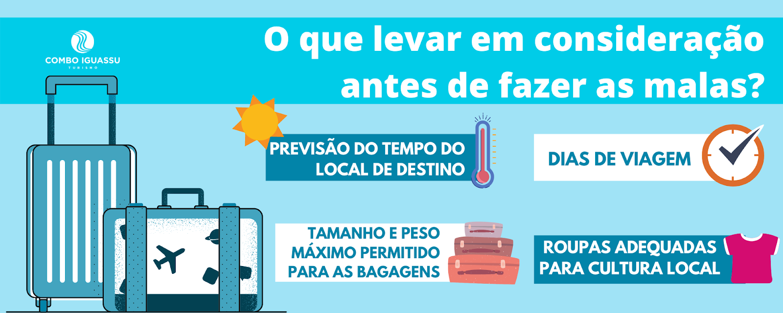 O que levar na mala de viagem?
Dicas de Viagem | Previsão do tempo do local de destino | Roupas adequadas para cultura local | tamanho e peso máximo permitido para bagagens.